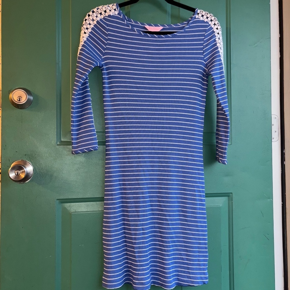Lilly Pulitzer Blue and White Striped Knit Dress with Crochet Shoulders